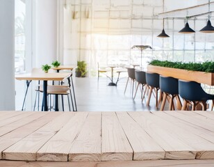 Blend of Comfort and Style: Wooden Table in Contemporary Eatery - obrazy, fototapety, plakaty