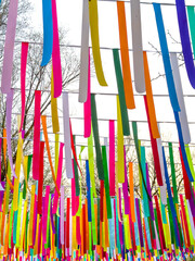 Multi-colored ribbons hang in the park during the holiday as a background