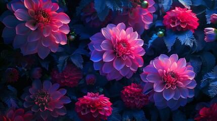 surreal atmosphere of a midnight garden pathway adorned with Dahlia blossoms, their splendor illuminated by the moonlight, creating a captivating aerial spectacle.