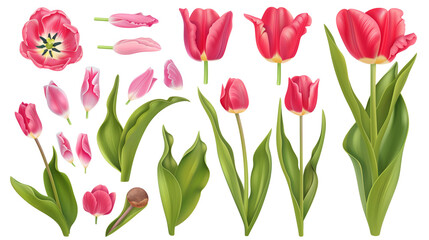 Set of tulip elements including tulip flowers, bulbs, petals, and leaves