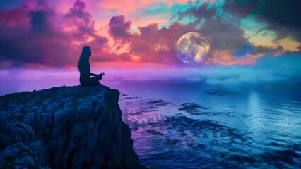A young woman meditating on a cliff in the evening. Concept of spirituality and meditation in nature.