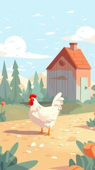 Poultry area flat design side view freerange theme animation colored pastel - obrazy, fototapety, plakaty