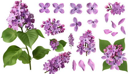 Set of lilac elements including lilac flowers, buds, petals, and leaves