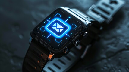 A glowing blue notification icon on a digital watch against a dark background Theme: wearable tech, front view, symbolizing instant information, digital tone, black and white, - obrazy, fototapety, plakaty