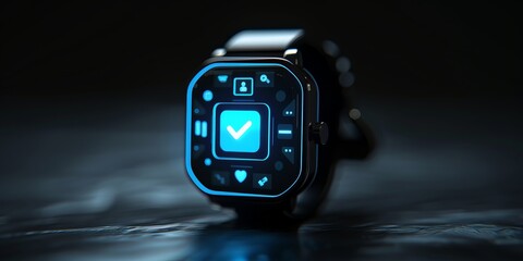 Sophisticated smartwatch displaying a glowing blue interface with various icons, showcased on a reflective surface. - obrazy, fototapety, plakaty