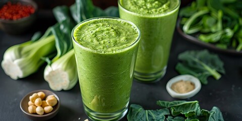 Close-up of a homemade pak choi smoothie, ingredients scattered around, highlighting a nutritious detox beverage, - obrazy, fototapety, plakaty
