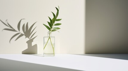 A vase with a leaf in it sits on a table