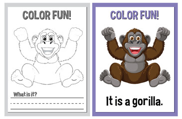 Coloring book pages featuring a cheerful gorilla