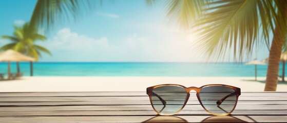 Obraz premium A pair of sunglasses is sitting on a wooden table by the ocean