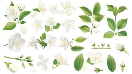 Set of jasmine elements including jasmine flowers, buds, petals, and leave