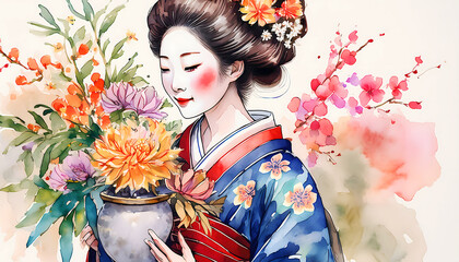 Japanese geisha woman watercolor style illustration 