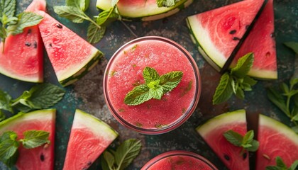 Health-focused image of a watermelon smoothie surrounded by fresh watermelon slices and mint leaves, emphasizing a hydrating drink,
