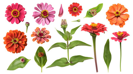 Set of zinnia elements including zinnia flowers, buds, petals, and leaves