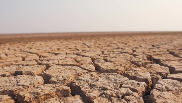 Close up shot of barren dry soil in Kutch desert at Little Rann of Kutch, Gujarat, India. Cracked soil caused by long draught. Soil drought concept - lack of water, climate change, global warming. 