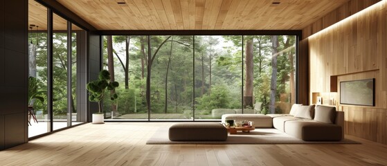 A large open living room with a wooden floor and a large window © FoxGrafy
