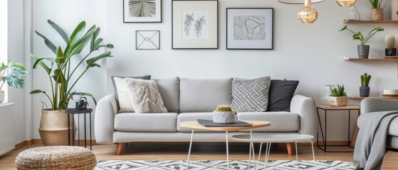 A living room with a white couch, a coffee table, and a potted plant