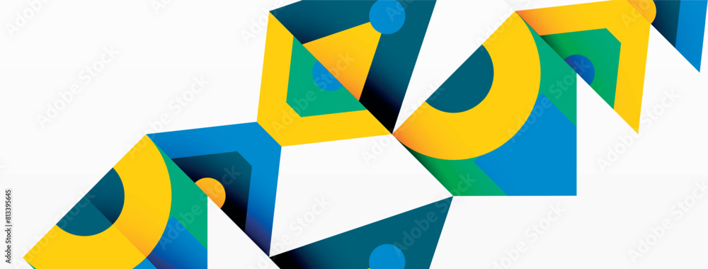 Aufkleber a symmetrical pattern of blue, yellow, and green geometric shapes like rectangles and triangles on a