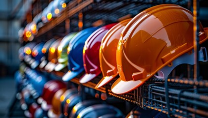 Safety helmets lined up in a construction site's rack, dawn light casting long shadows Theme: construction safety, front view, symbolizing worker safety, cybernetic tone, vivid,