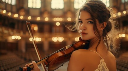 The close up picture of the caucasian professional violinist holding the violin and ready to...