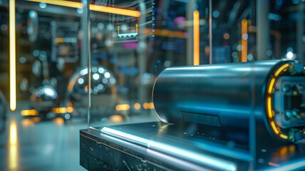 Sci-fi glowing blue energy core in futuristic laboratory