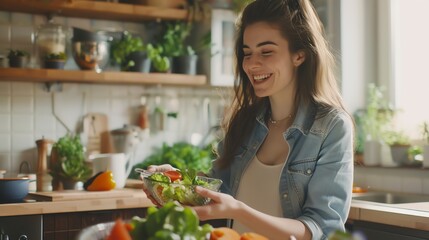 Happy young woman preparing a healthy salad in a modern kitchen, wearing fitness gear, illustrating the integration of diet and exercise in daily life
