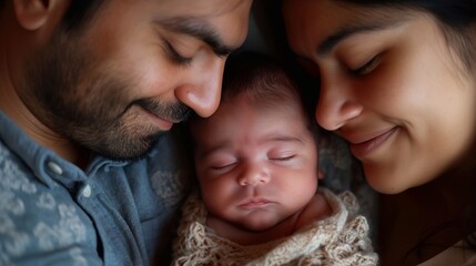 Fototapeta premium A close-up portrait of a happy couple hugs their newborn little baby at home, the woman and man became parents. Embrace of Wonder: A family Holding Their Newborn, Captivated by the Beauty of Life
