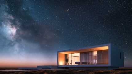 Cubic house with a minimalist aesthetic, featuring a flat roof perfect for stargazing.