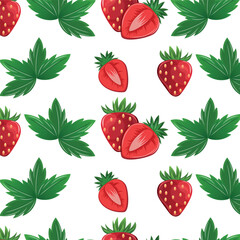 Seamless pattern of fresh strawberries with leaves.Realistick vector illustration.