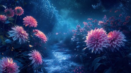 Naklejka na ściany i meble the serene allure of Dahlia flowers casting elongated shadows along a moonlit pathway, their delicate beauty enhanced by the mystical ambiance of the night, seen from an aerial perspective..
