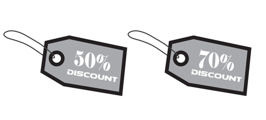 Sale Tag 50% off, 70% off sign, 50% off tag design in Black colour isolated on white background, 3d rendering, Percentage, 50% off sale tag. Advertising Percents, Vector illustration.