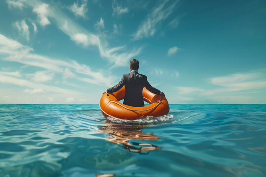 Businessman in a suit floating on a lifebuoy in the middle of a serene blue ocean