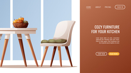 Web page design with cozy white dining table with chairs. Scandinavian style. Home interior, furniture, dining room, kitchen, cafe concept. Vector illustration for banner, website.