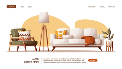 Web page design with Cozy armchair, sofa, potted plant, tripod floor lamp. Interior design, furniture, living room, home decor concept. Vector illustration for banner, website.