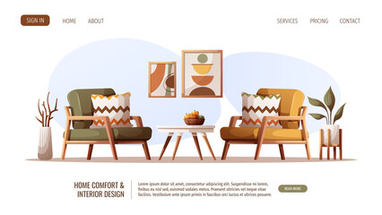 Web page design with Cozy armchairs, potted plant, painting, coffee table. Interior design, furniture, living room, home decor concept. Vector illustration for banner, website.