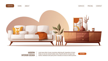 Web design with cozy white sofa, houseplant and wooden tv stand. Interior design, home decor, furniture, living room concept. Vector illustration for banner, website.