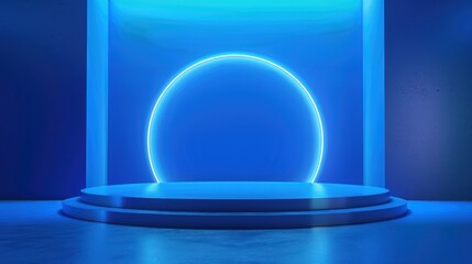Blue glowing circle and podium in the dark room.