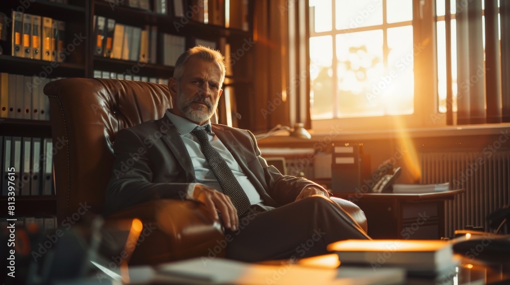 Poster a man is seen sitting in a chair surrounded by shelves of books in a library. the atmosphere is scho