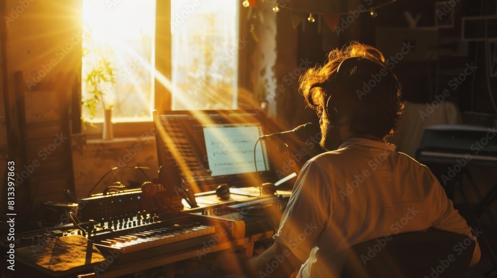 Poster A person is sitting at a desk, focusing on a computer screen. The individual appears engaged in work or study, with various items like notebooks and a cup of coffee on the desk.