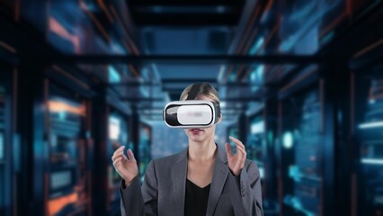 Woman pressing start opening VR of analyzed business world finance big data uploading look around...