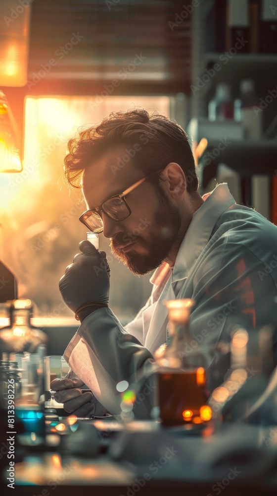 Poster A man is seated at a table, working on a laptop computer. He appears focused on the screen in front of him, possibly typing or reading. The setting is indoors, with minimal distractions in the backgro