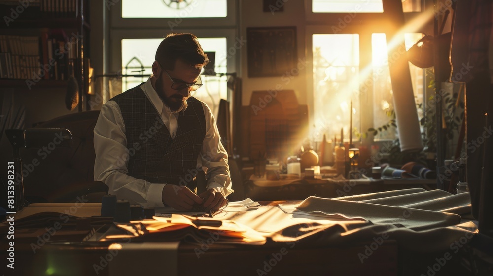 Fototapete A man is seated at a desk, positioned in front of a large window. He appears focused on a task, with papers and a computer on the desk. The outside view through the window is visible, showing building