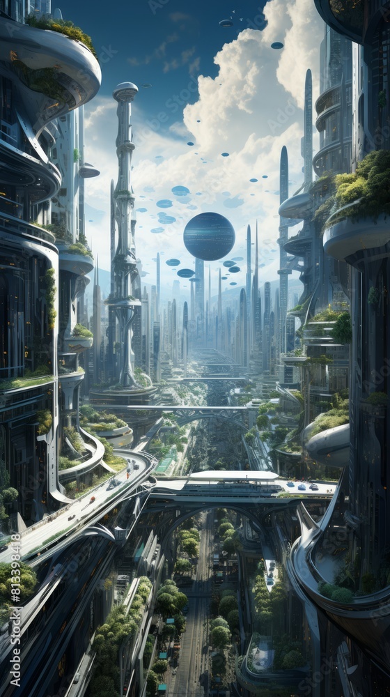 Aufkleber generative ai an ultramodern cityscape featuring self-sustaining skyscrapers, flying drones, and an 