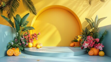This is the perfect place to showcase your product. The bright yellow background will make your product stand out, while the tropical plants and flowers will add a touch of beauty.