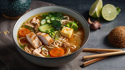 Asian noodle soup ramen with beef tofu shrimp vegetables and egg in black bowl on the wooden table
