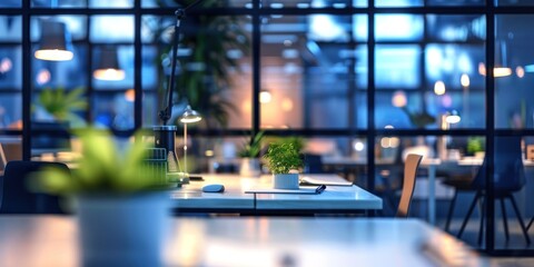 Obraz premium Beautiful blurred background of a light modern office interior with beautiful lighting. blurred background of an open space in the business center.