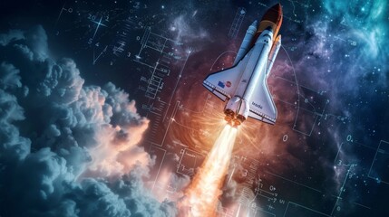 A space shuttle is flying through the sky, propelling itself towards the unknown. The powerful engines roar as it leaves Earths atmosphere, on a mission beyond our planets boundaries. - Powered by Adobe
