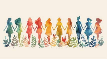 The 8th of March is Women's Day. A group of women hold hands and stand together. Modern illustration.