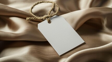 White clothing tag, label blank mockup template , On a premium cotton brown silk fabric textile background.high resolution