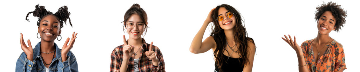 Fototapeta premium Set of Portrait happy smile young woman posing, isolated on white background, png