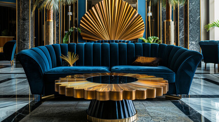 Luxe art deco space with velvet seating and a stunning gold and black coffee table.
